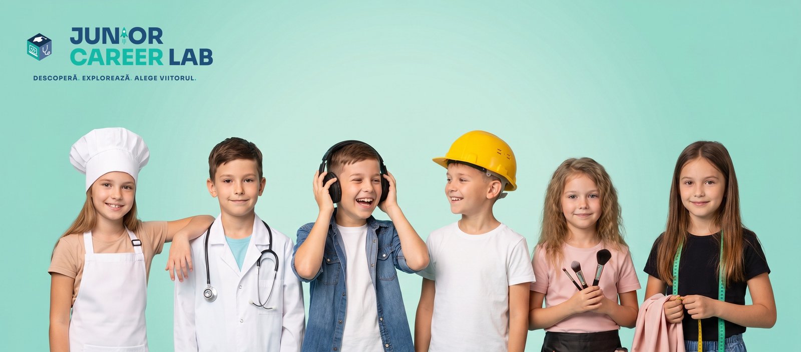 Copii Junior Career Lab deghizați în meserii: chef, medic, DJ, constructor, makeup artist și designer vestimentar